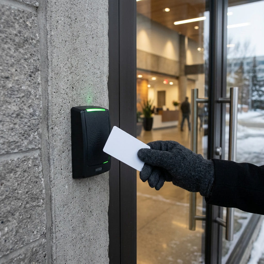 Commercial card access control reader at Edmonton office building