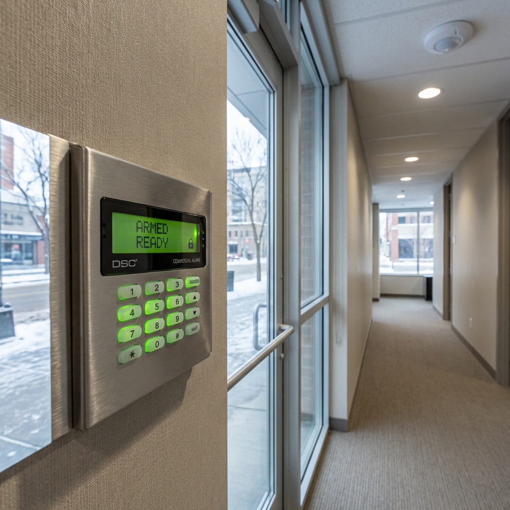 Commercial alarm system keypad installed at Edmonton business