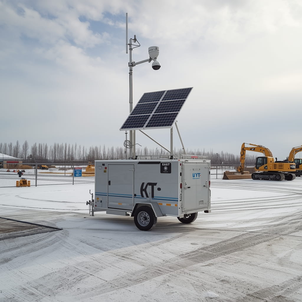 Solar-powered security camera trailer at Edmonton construction site