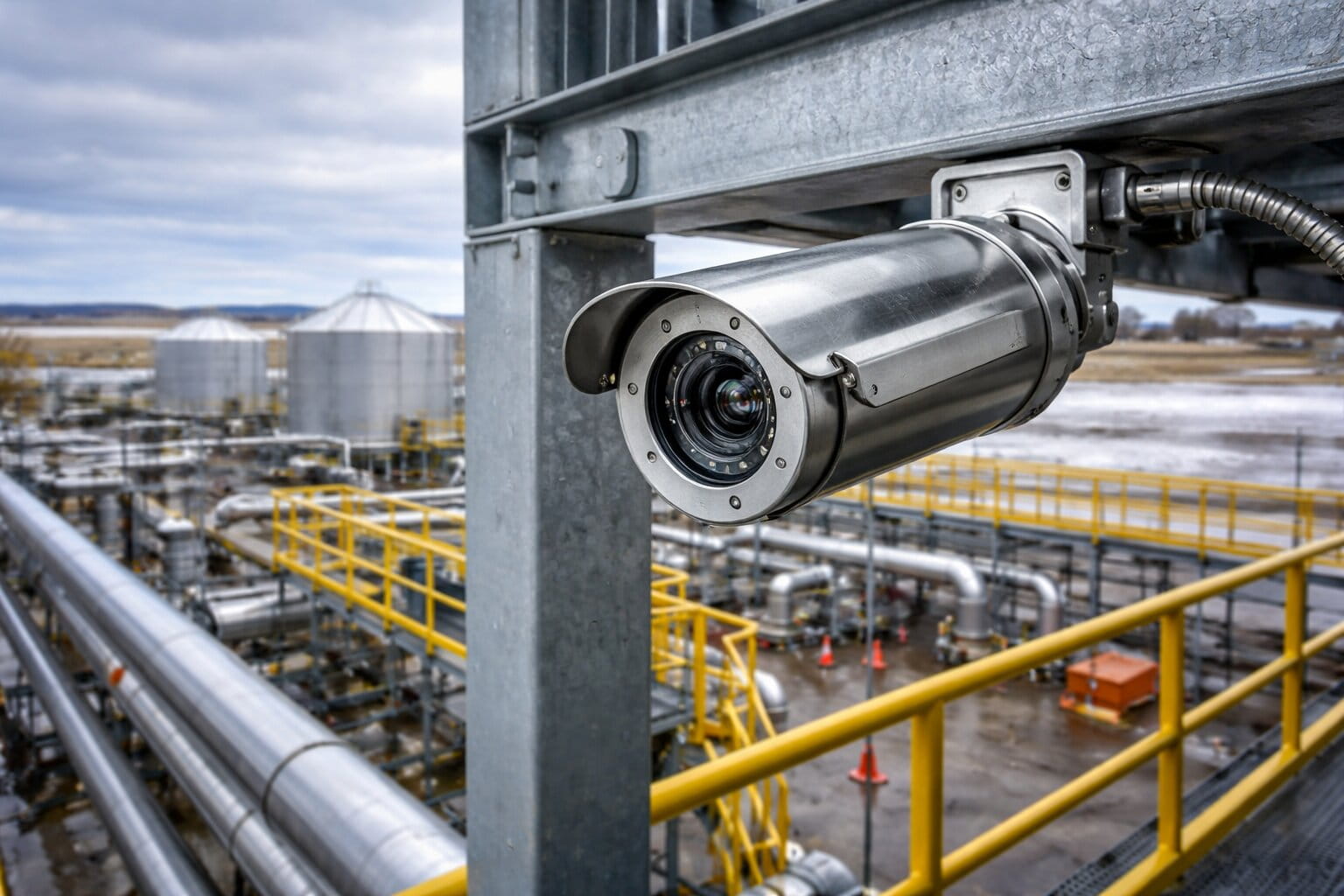 Oil and gas facility with industrial security cameras and perimeter surveillance in Alberta
