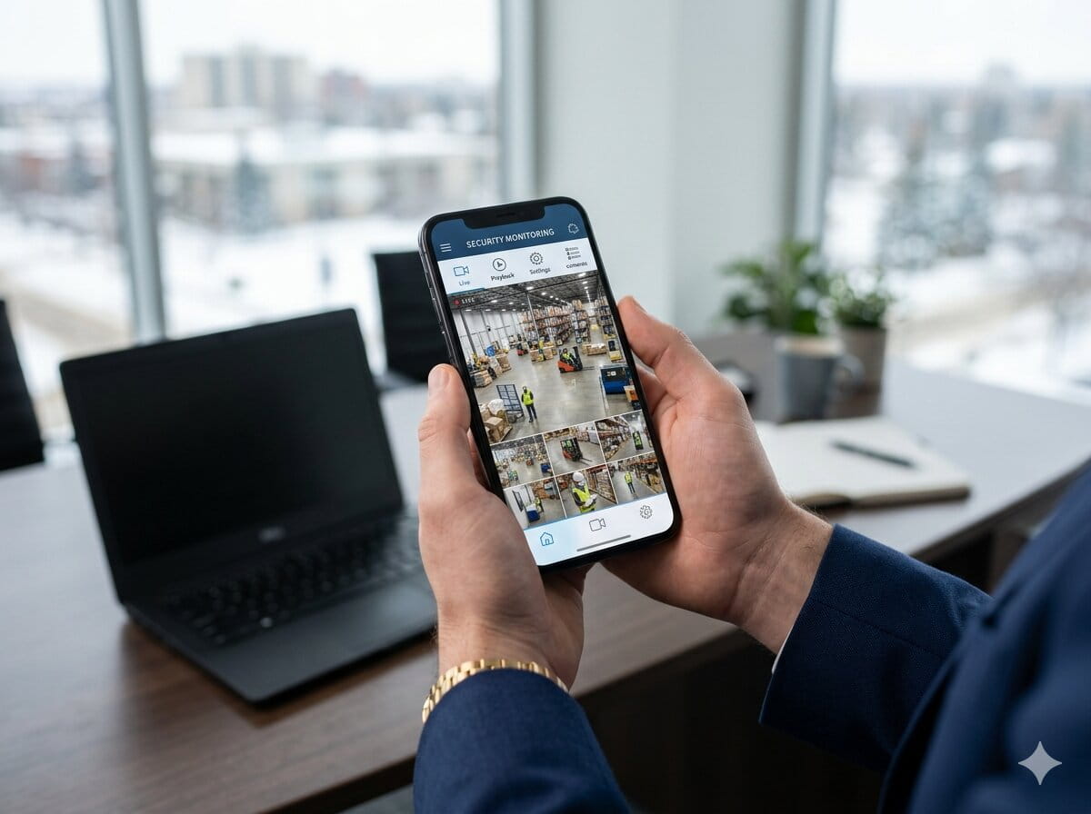 Remote video monitoring on mobile device showing live surveillance feed