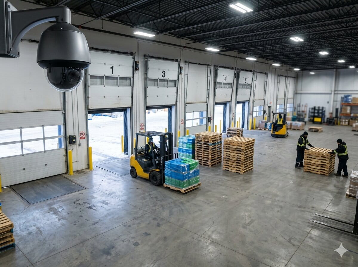 Warehouse surveillance camera coverage documenting loading dock operations